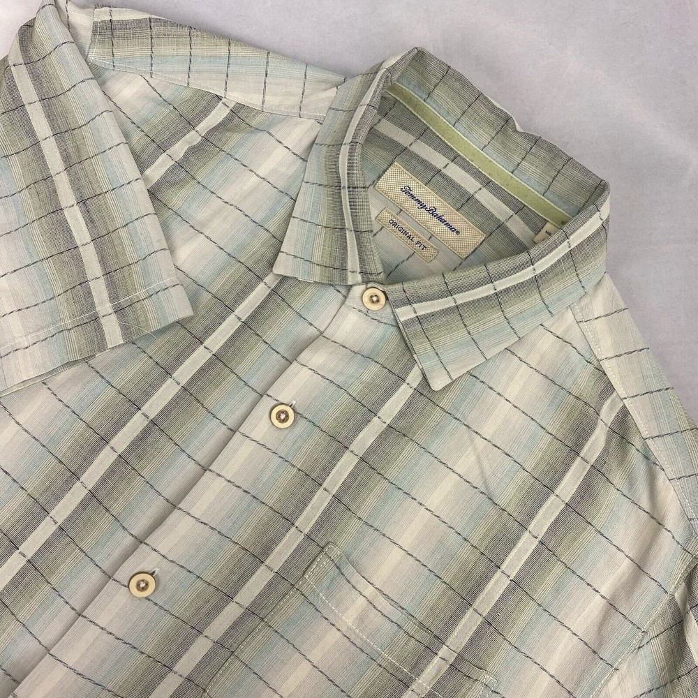 Tommy‎ Bahama Men's Blue Green Striped Silk Blend Short Sleeve Button Down Shirt